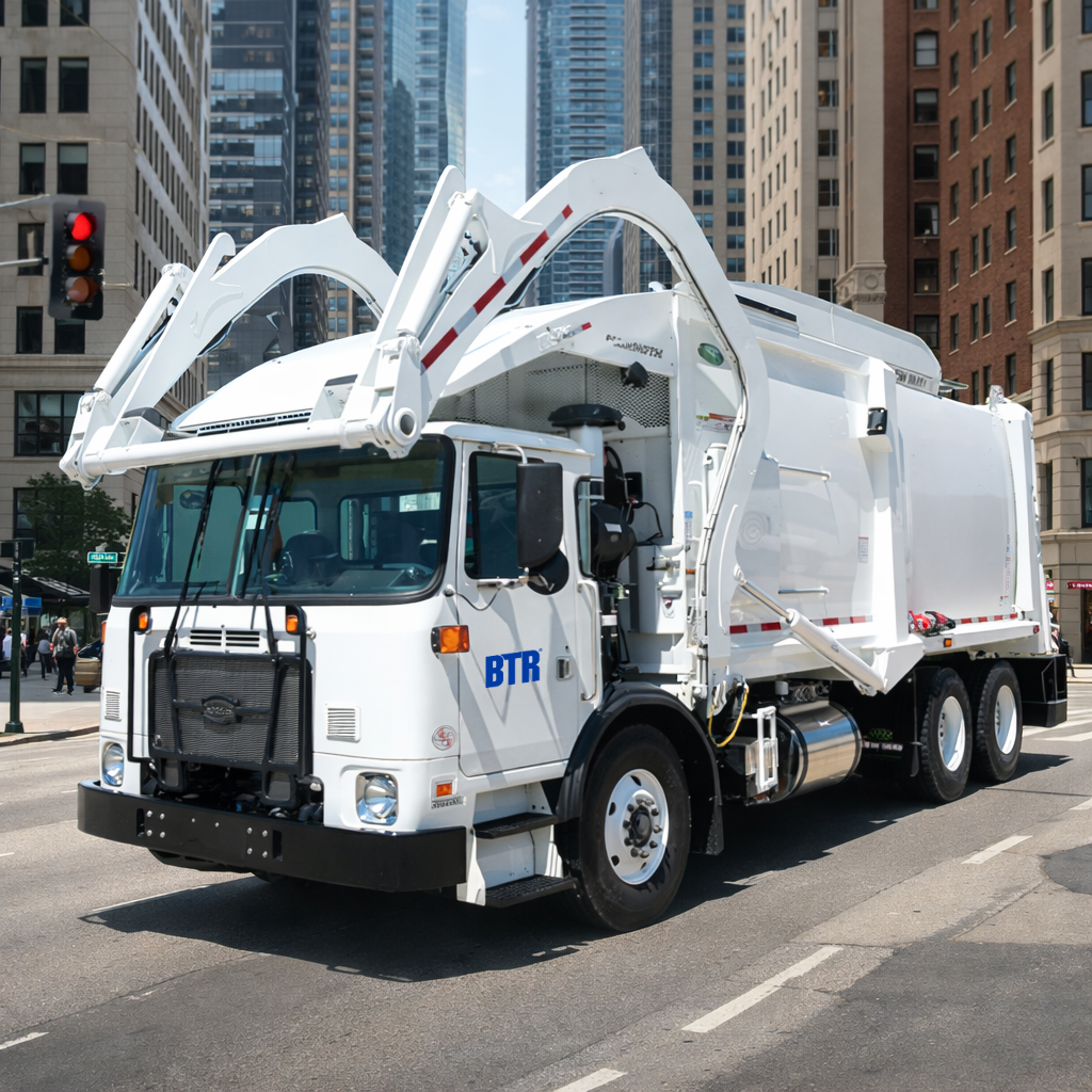Front loader garbage truck operating in a city