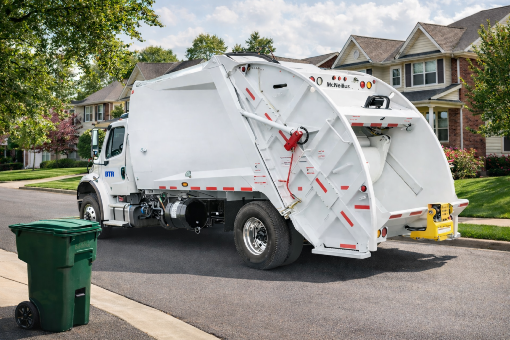 Big Truck Rental rear loader operating in residential neighborhood