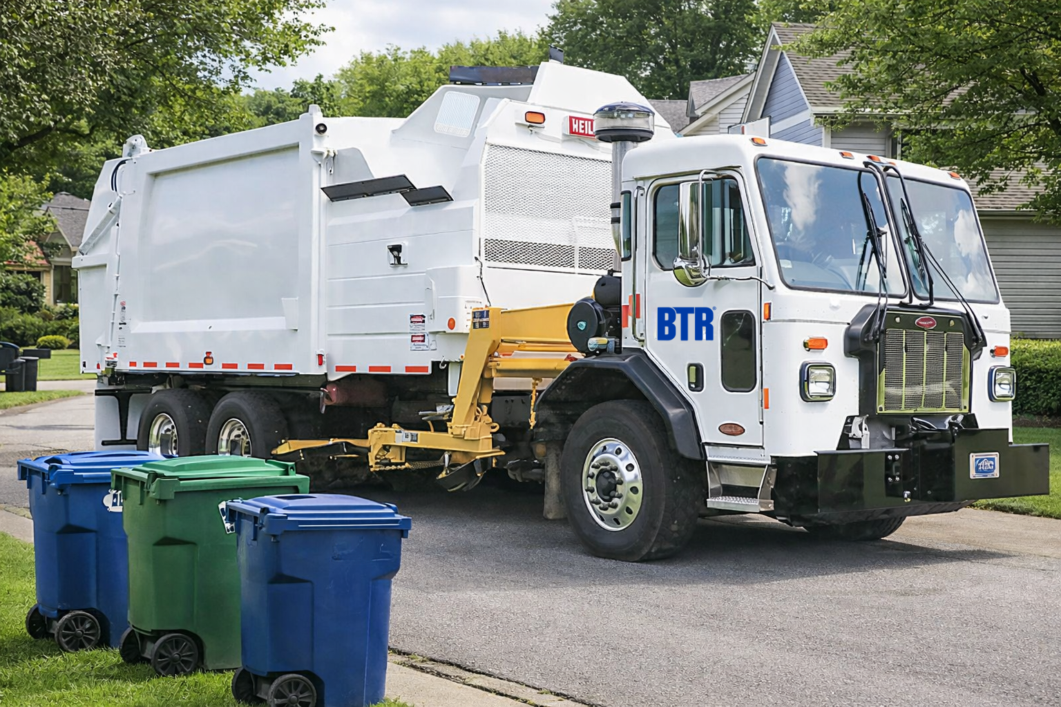 Side loader garbage truck operating in a residential neighborhood