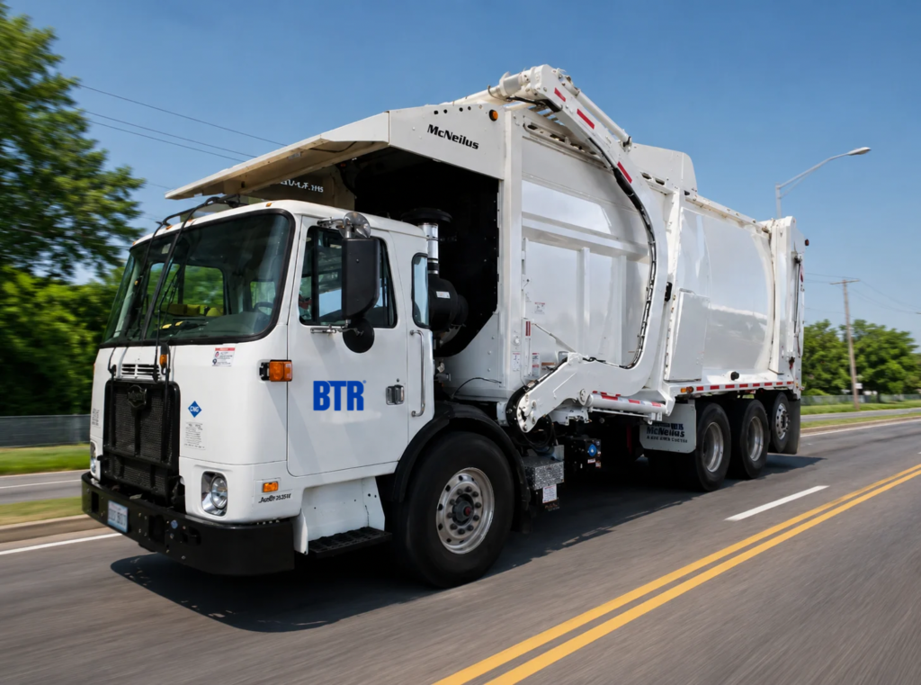 CNG Front loader garbage truck on the road.