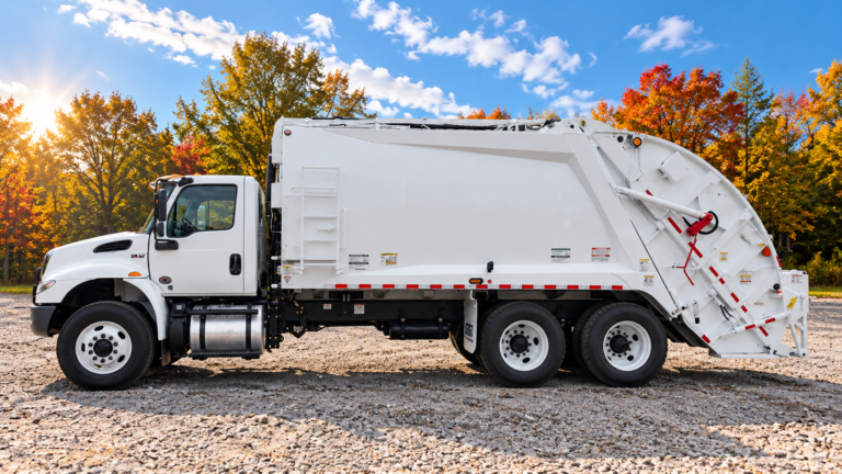 Rear loader garbage truck on gravel lot
